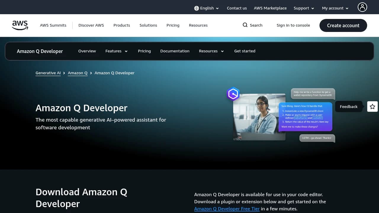 Screenshot of Amazon Q Developer website