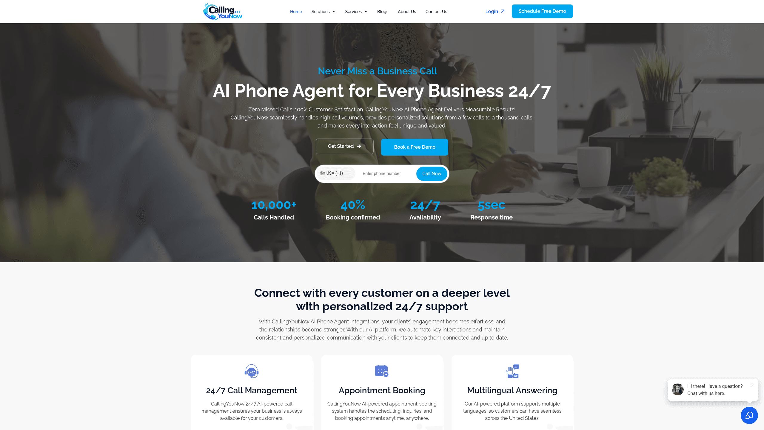 Screenshot of CallingYouNow website