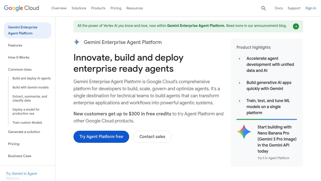 Screenshot of Vertex AI Agent Builder website