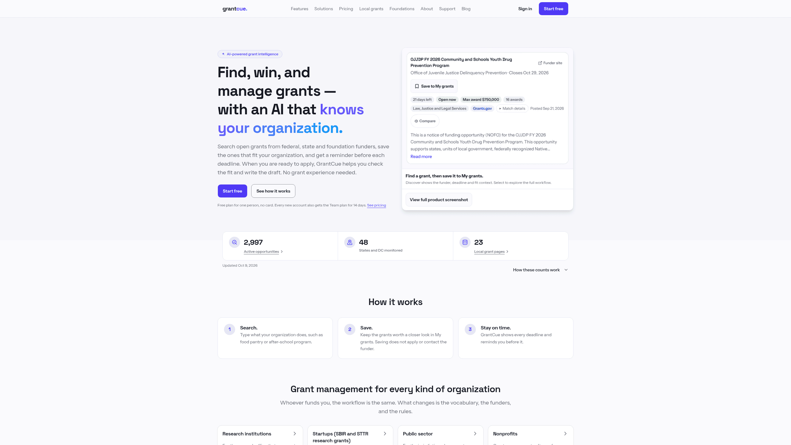 Screenshot of GrantCue website