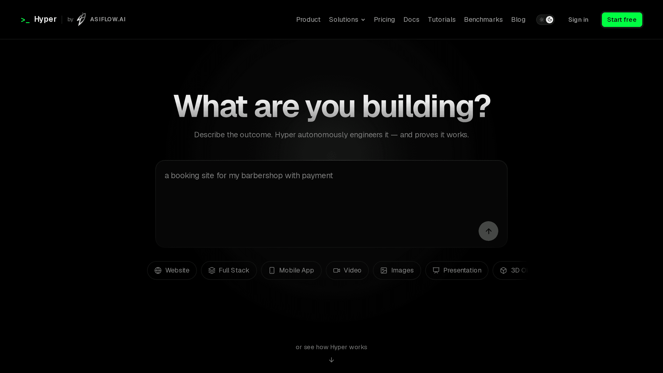 The Hyper homepage, where you describe the outcome you want built