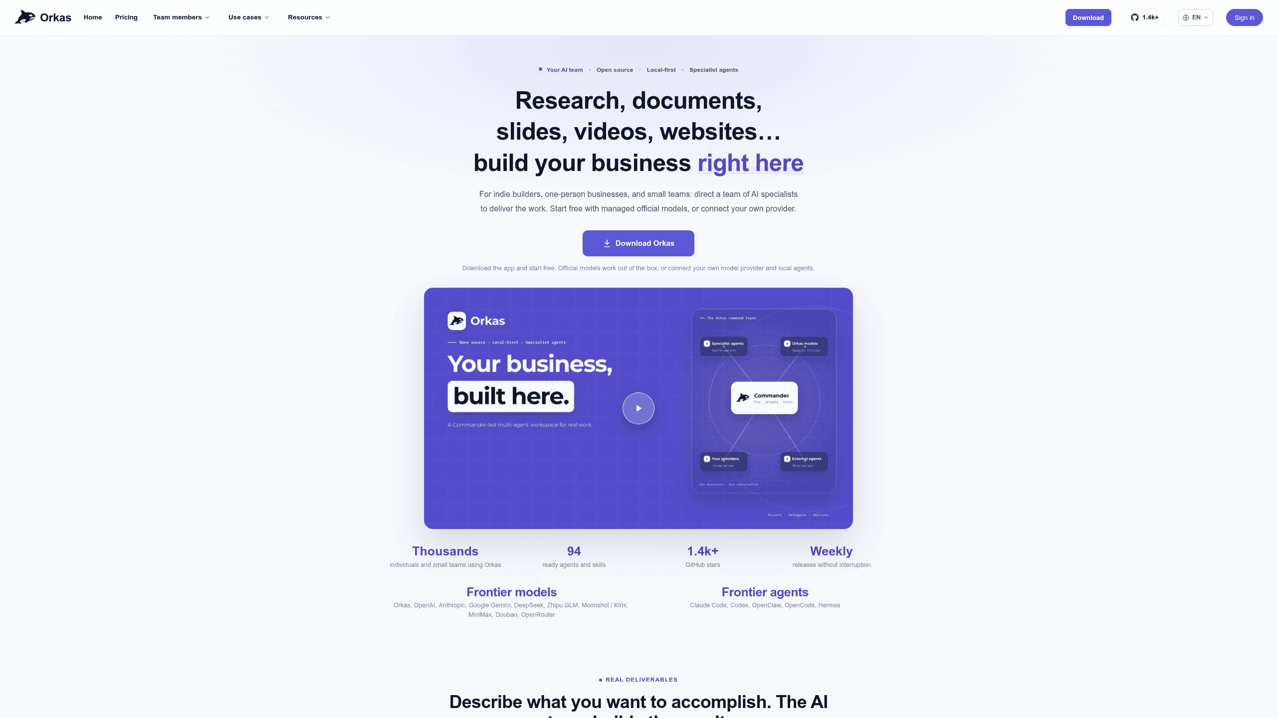 Screenshot of Orkas website