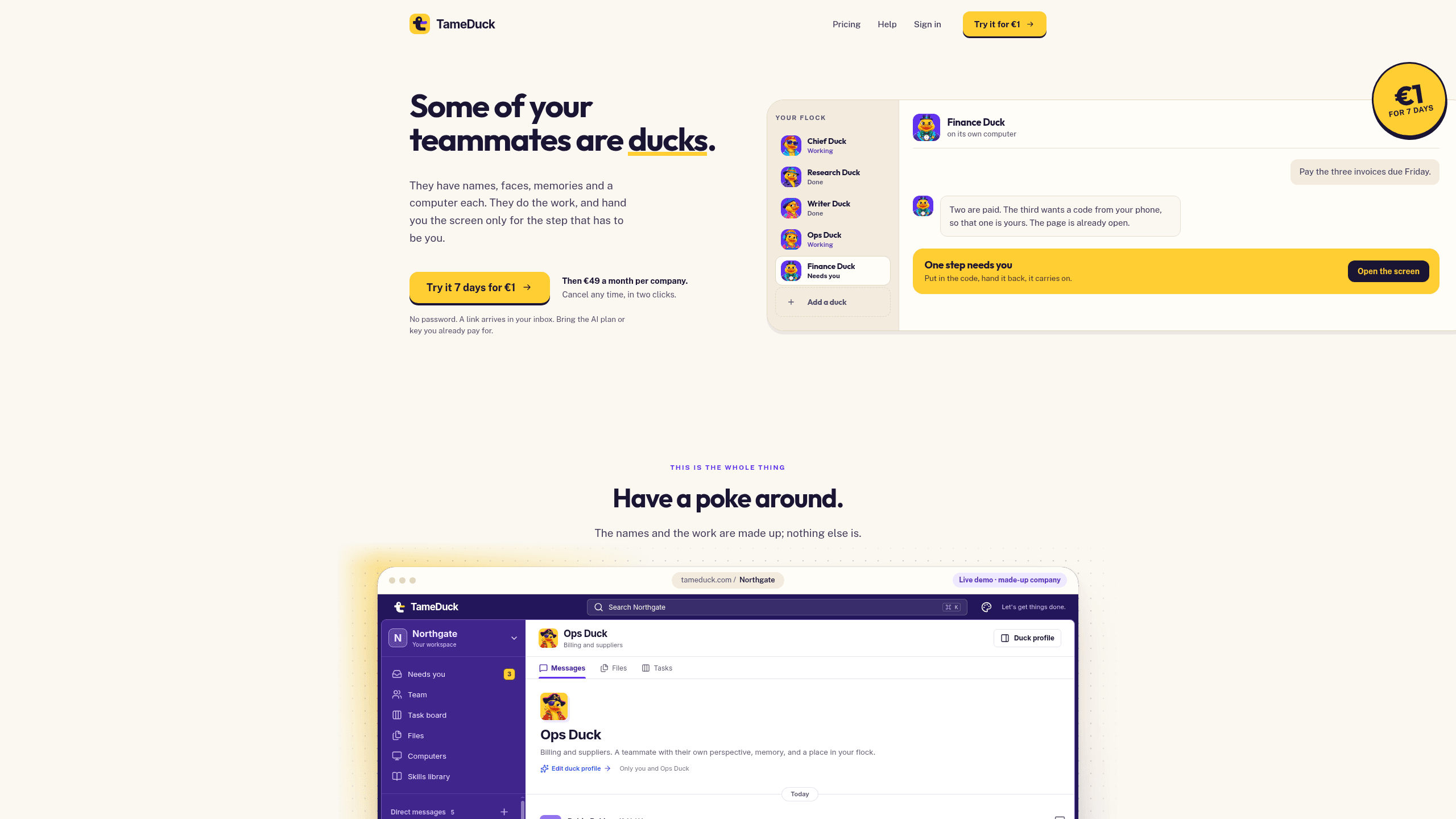 Screenshot of TameDuck website