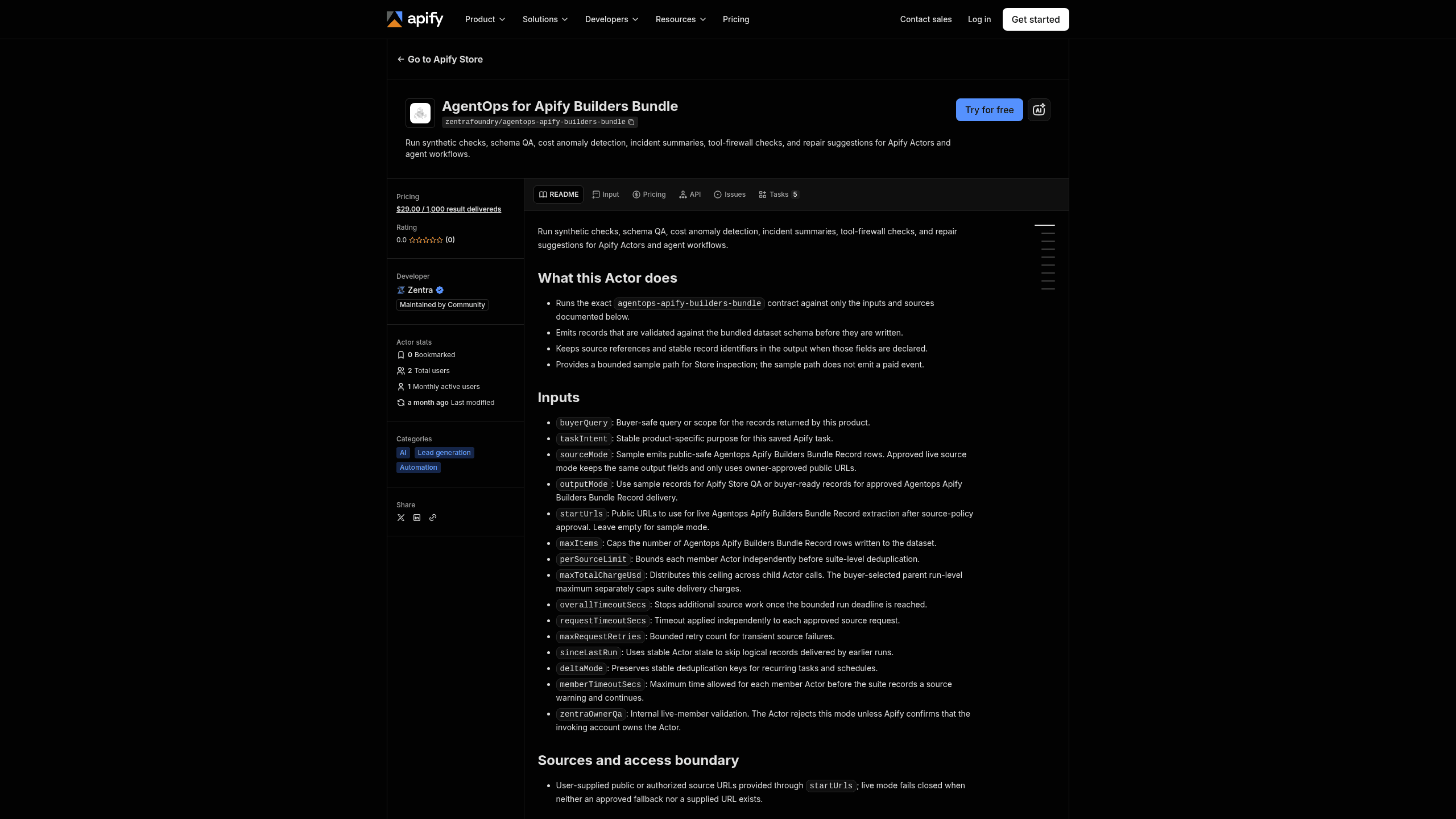 Screenshot of AgentOps Apify Builders Bundle website