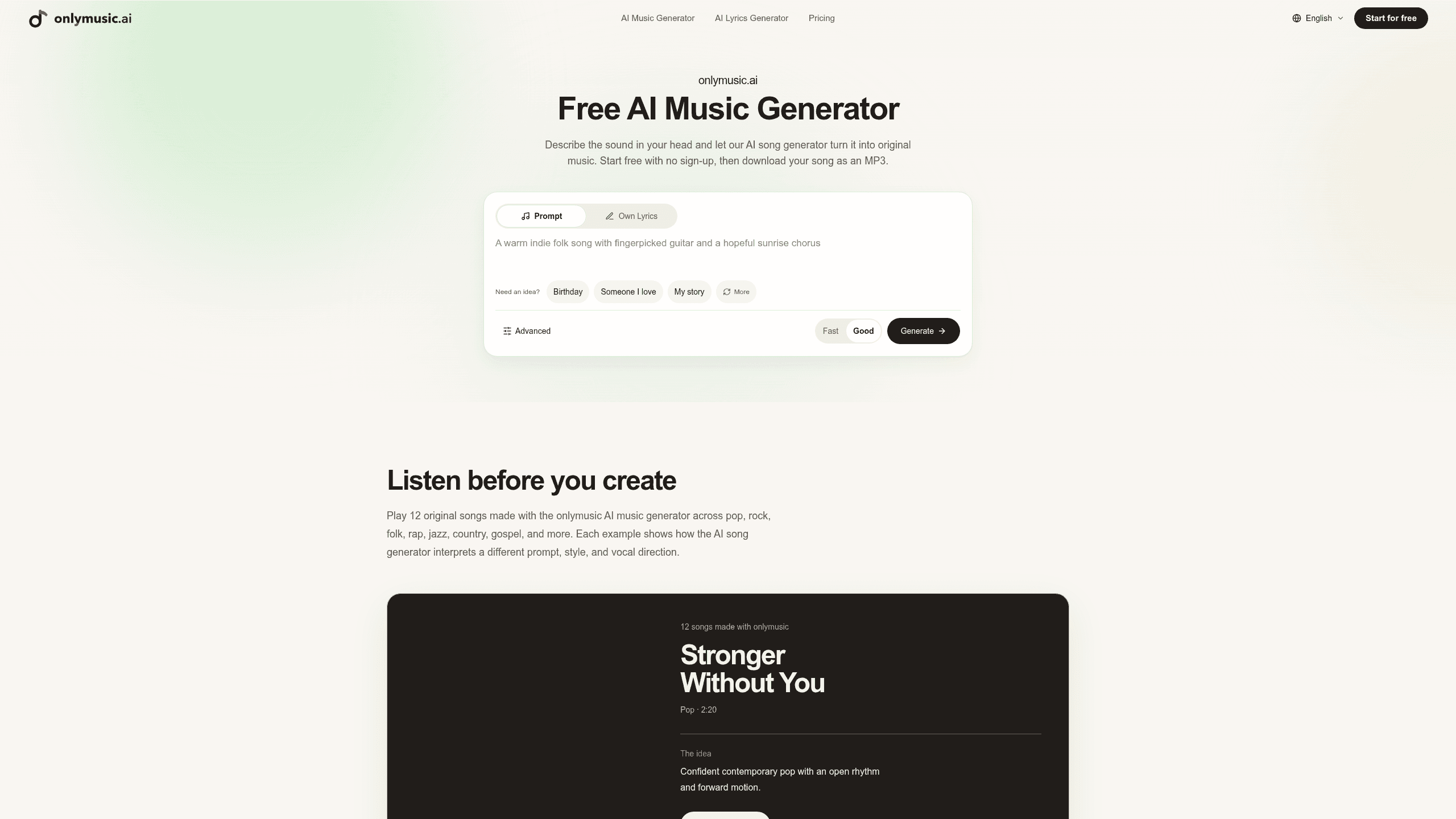 Screenshot of onlymusic.ai website