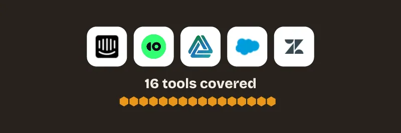 Logos of Intercom Fin, CoSupport AI, Aissist.io, Agentforce, Zendesk AI agents. 16 tools covered.