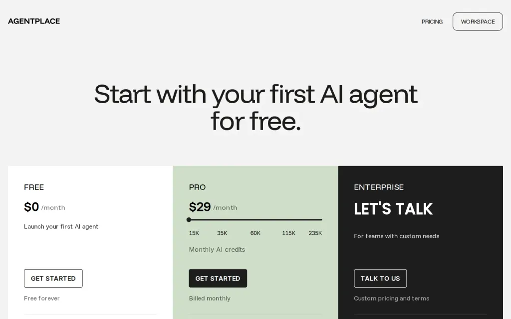 Pricing page of Agentplace