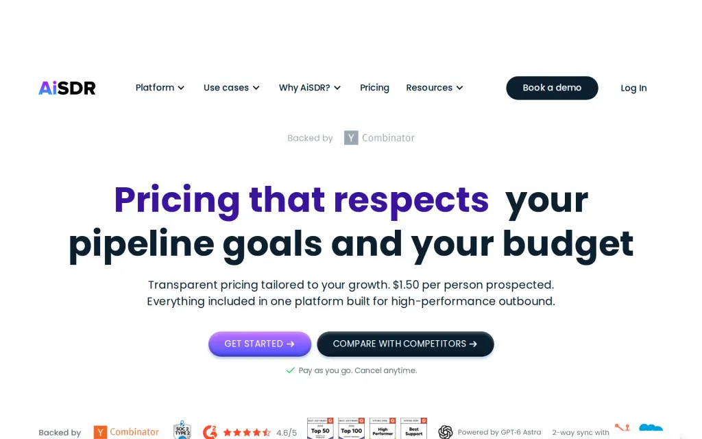 Pricing page of AiSDR