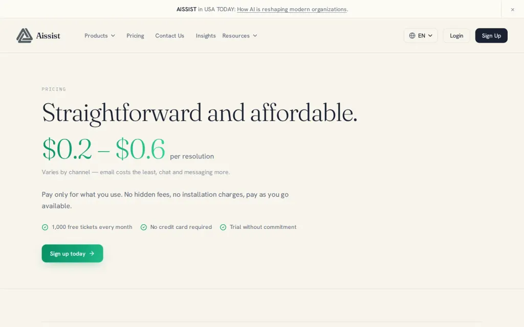 Pricing page of Aissist.io
