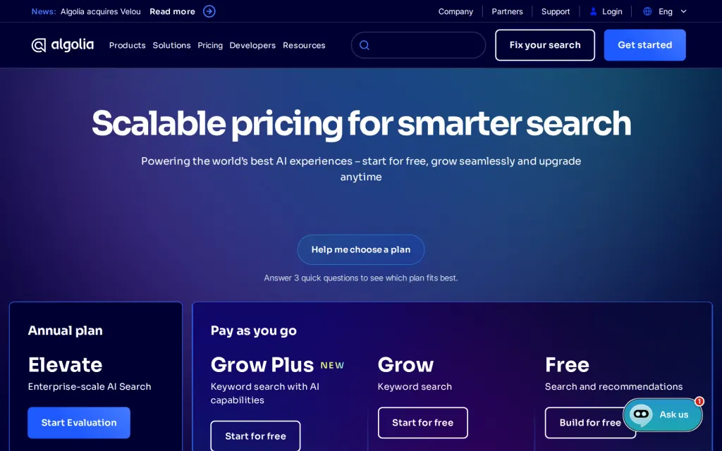 Algolia's pricing page