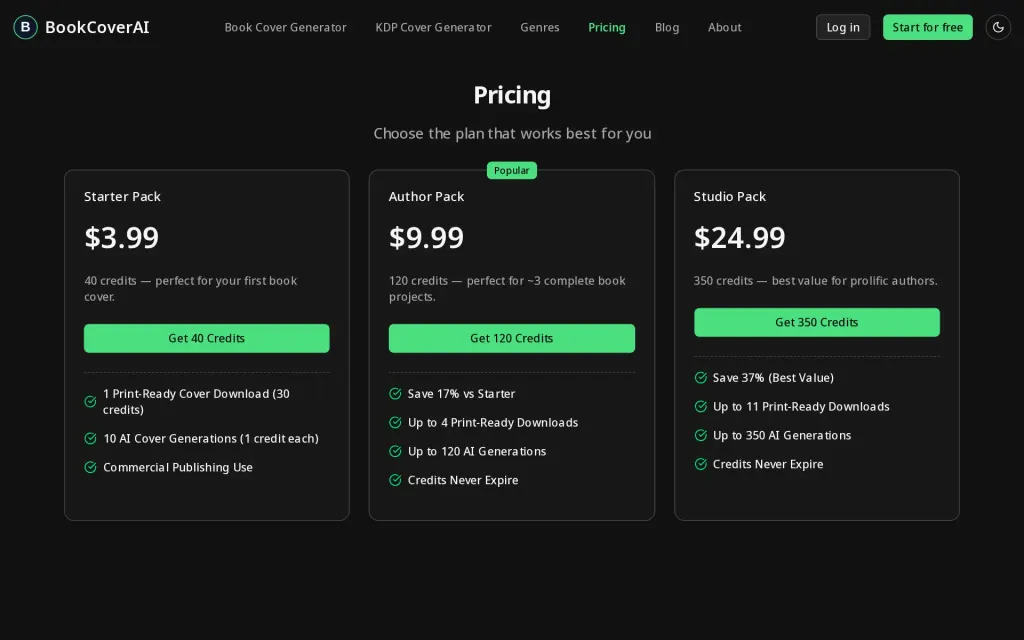 Pricing page of BookCoverAI