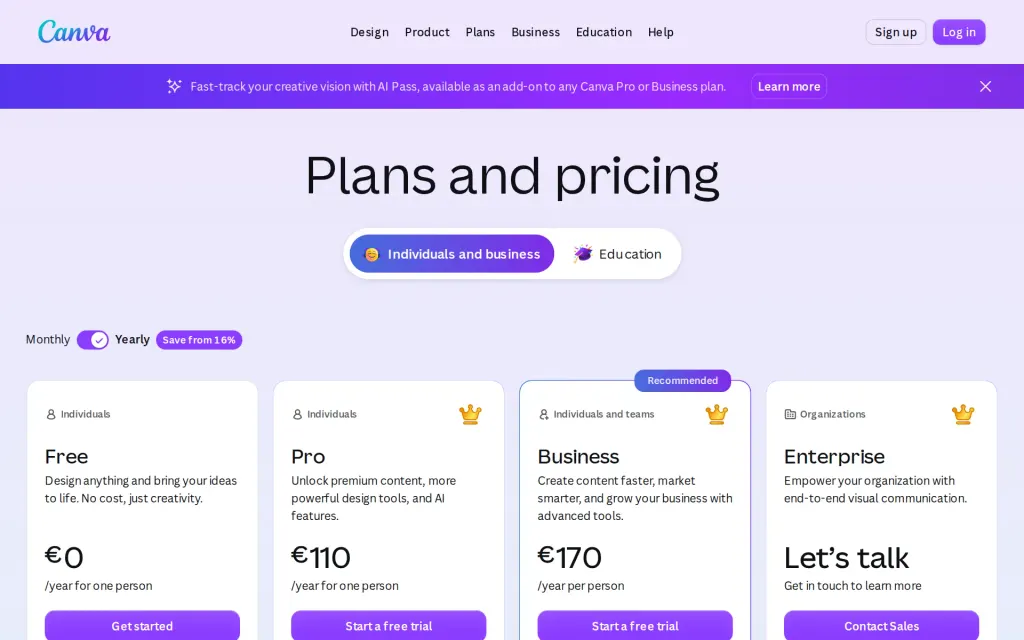 Pricing page of Canva