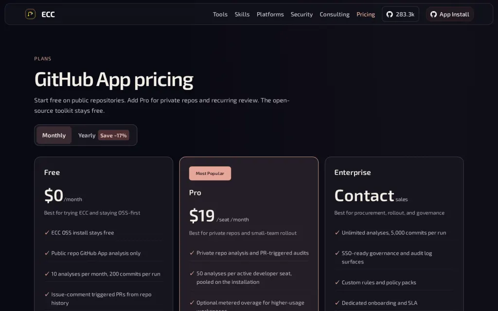 Pricing page of ECC