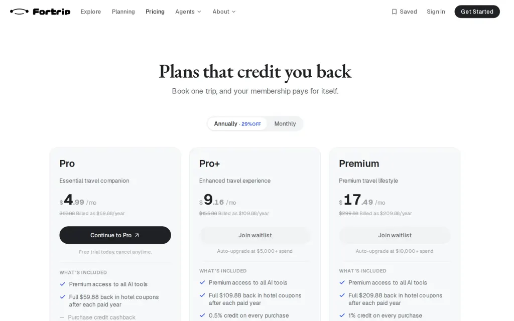 Pricing page of FortripAI
