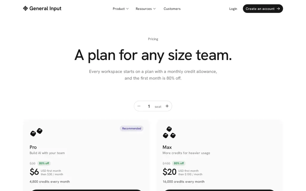 Pricing page of General Input