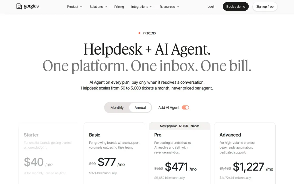 Pricing page of Gorgias