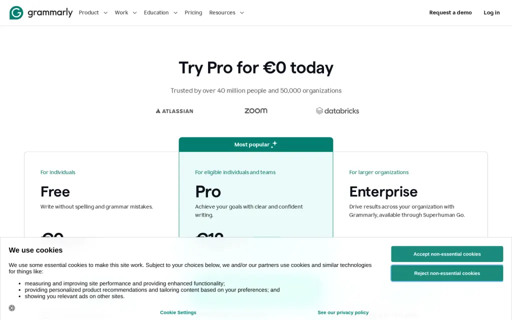 Pricing page of Grammarly