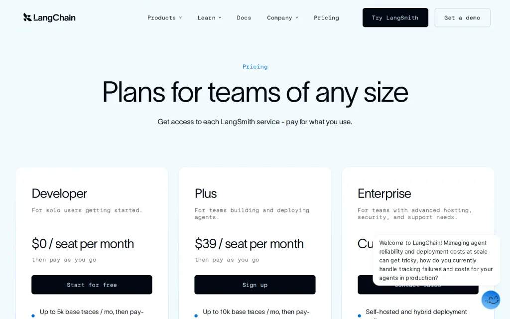 Pricing page of LangGraph
