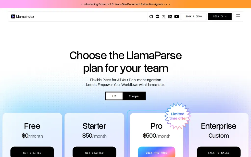 Pricing page of LlamaIndex