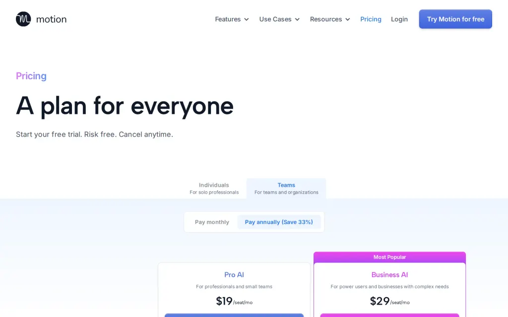 Pricing page of Motion
