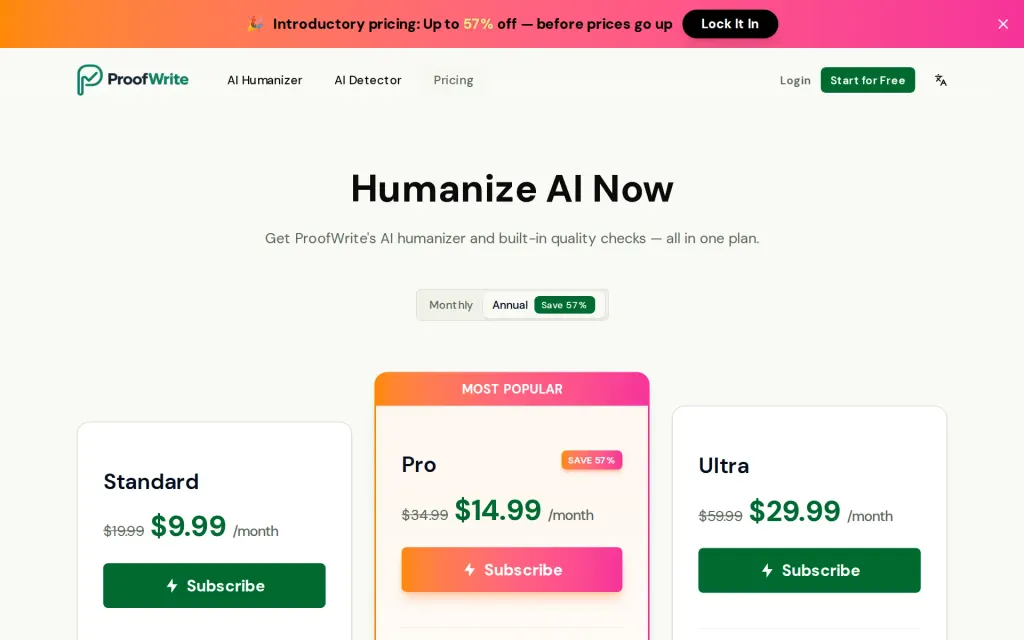 Pricing page of ProofWrite.ai
