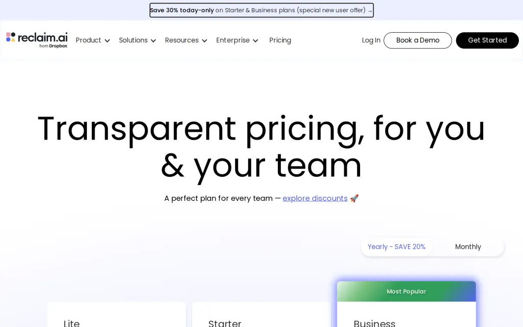 Pricing page of Reclaim.ai