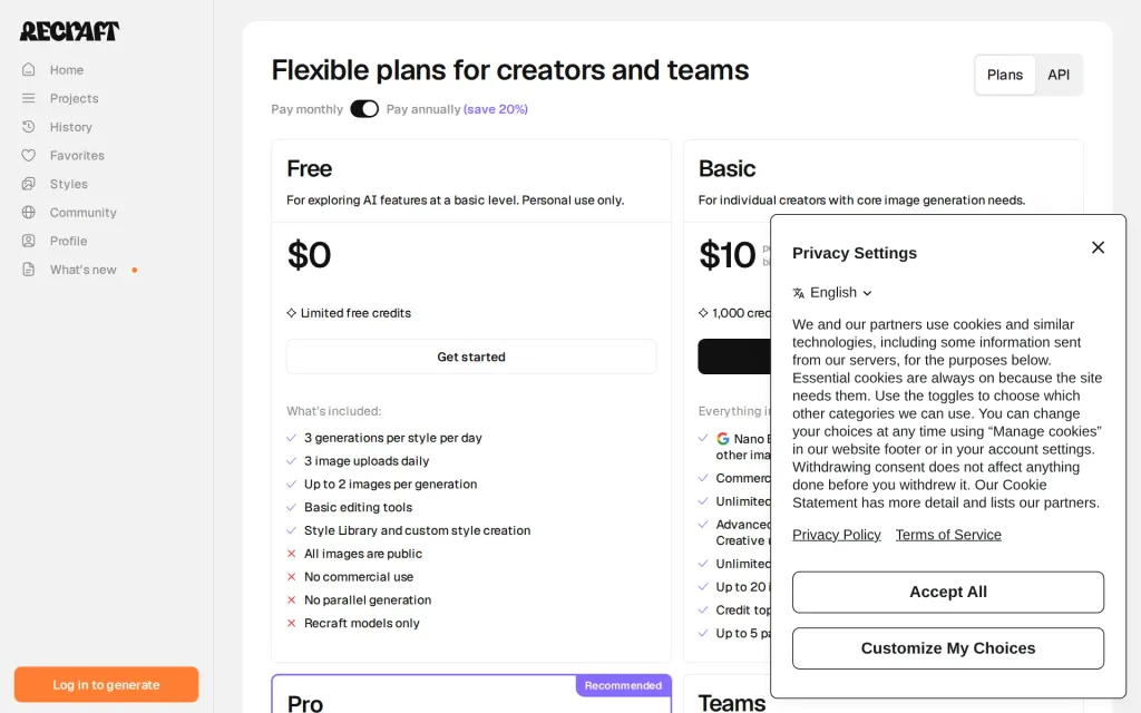 Pricing page of Recraft