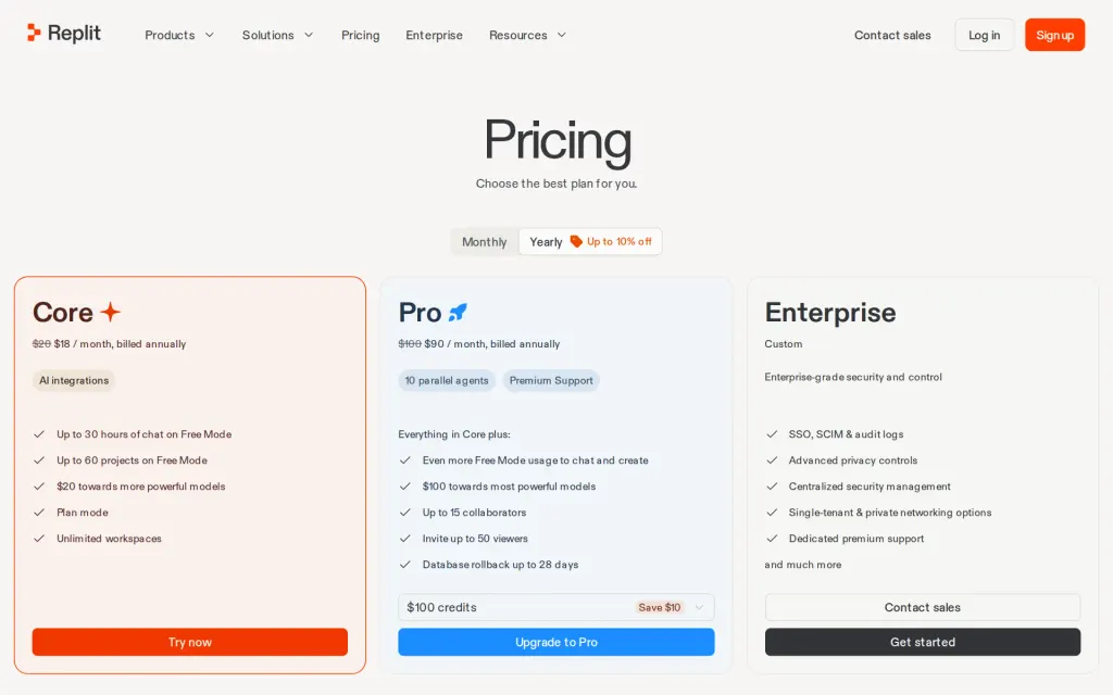 Pricing page of Replit