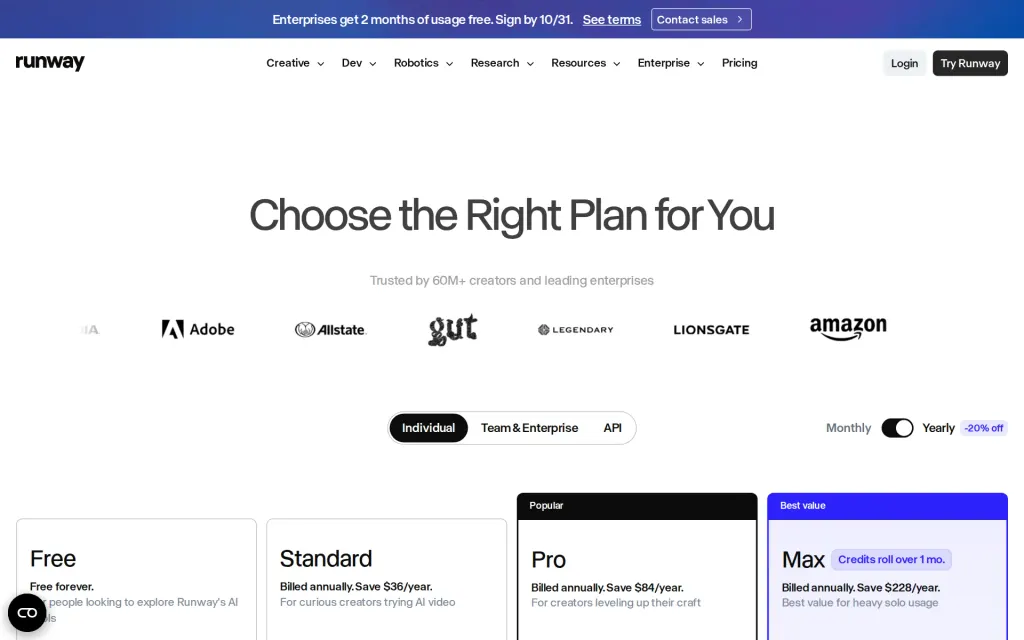 Pricing page of Runway