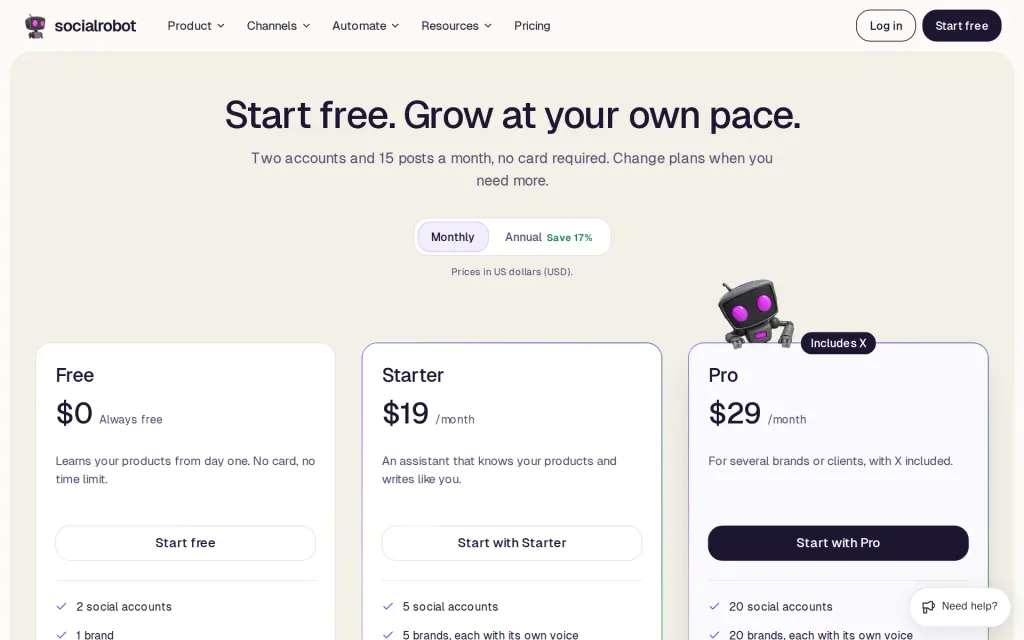 Pricing page of SocialRobot