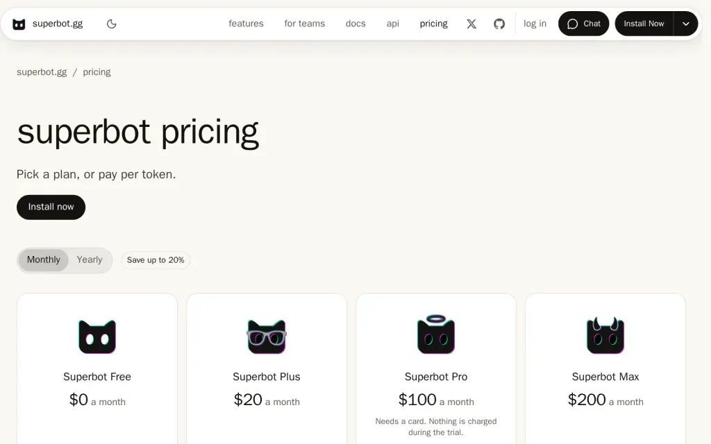 Pricing page of superbot