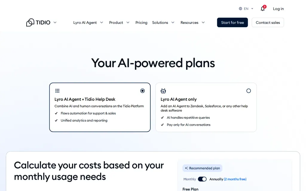 Pricing page of Tidio