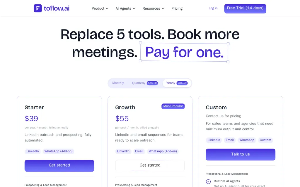 Pricing page of toflow.ai