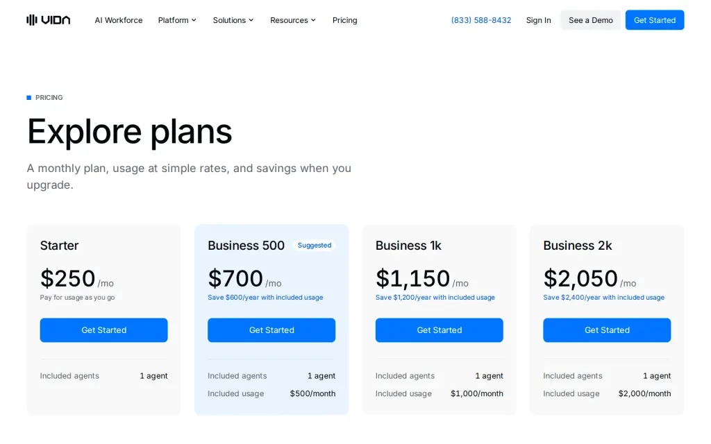 Pricing page of Vida