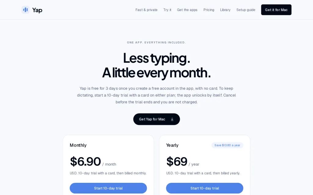 Pricing page of Yap