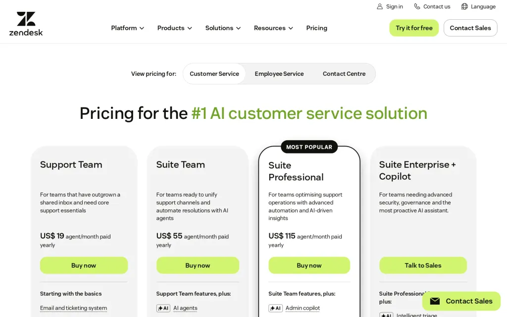 Pricing page of Zendesk AI agents